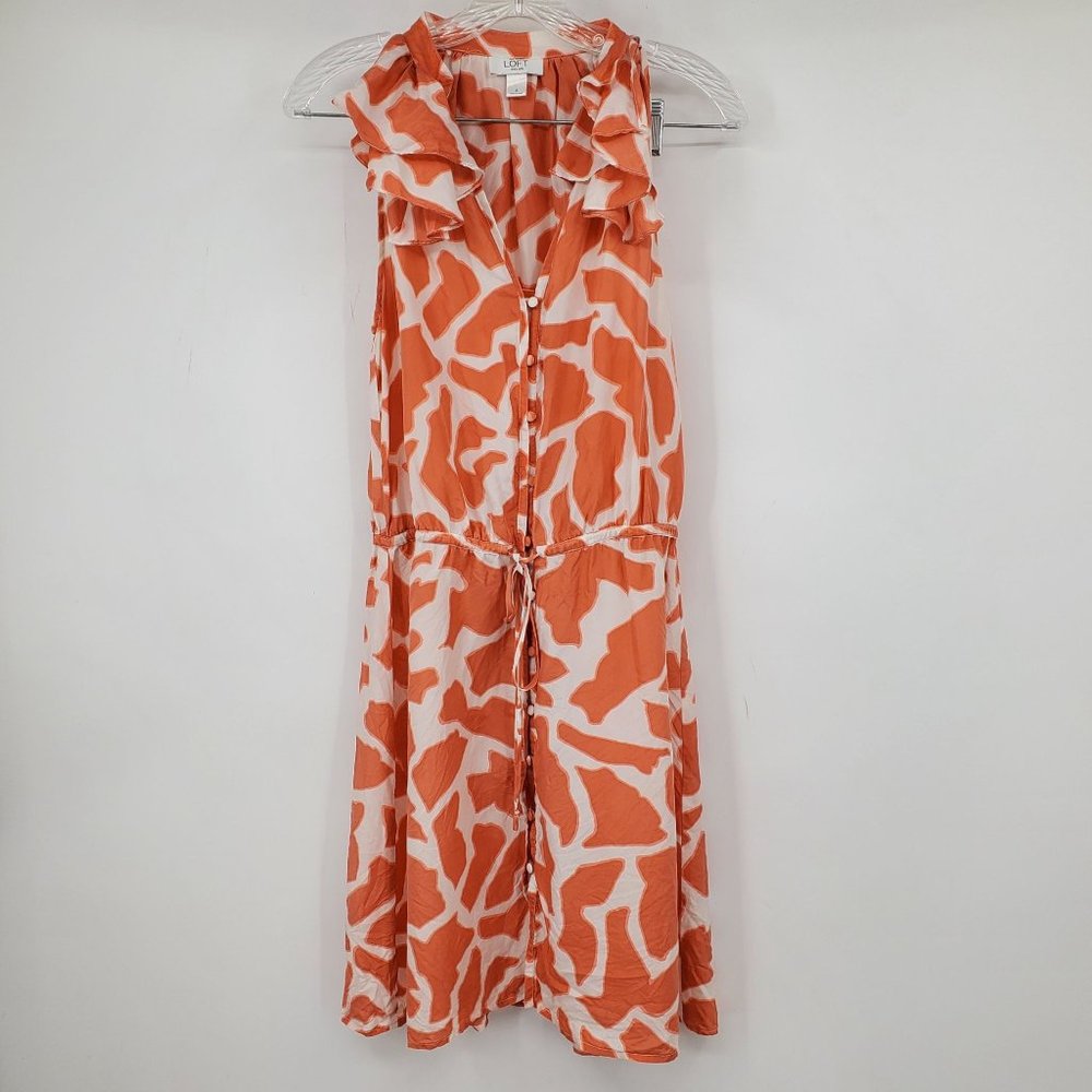 Loft Ann Taylor 100% Silk Coral Printed Women's Ruffle Dress‎ Size 4